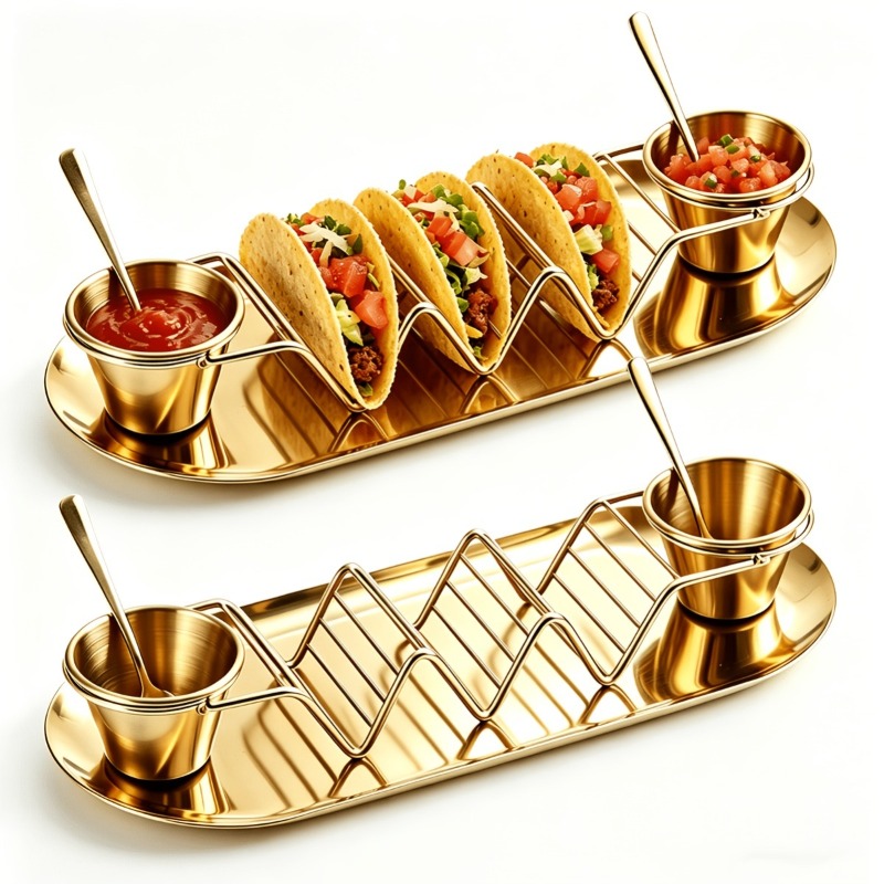 Home Cooking Recipes - タコス用具セット1組。ステンレス製のタコスホルダー、ドレッシングカップ、調味料用スプーン、サービングトレイが含まれます。洗練されたデザインで、ご家庭、キッチン、レストラン、パーティーでの使用に適しています。母の日や新築祝いのプレゼントにも最適です。