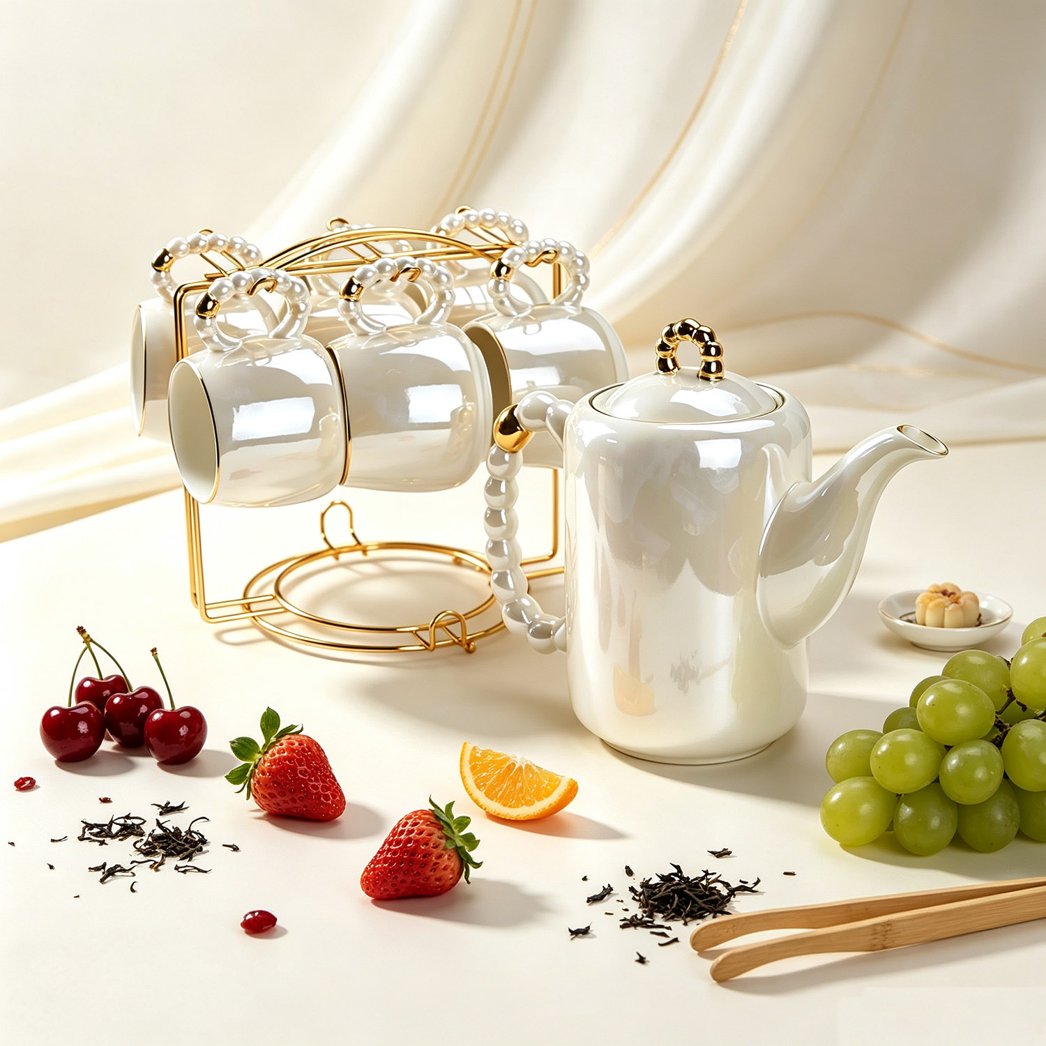 Home Cooking Recipes - 8点セット、770mlの小ぶりなパール柄の取っ手が付いた白い陶器製ティーセット。高級感のある金の縁取りが施されたティーポットとカップ、回転式のレース模様のトレイが付属。洗練されたデザインの磁器製ティーセットで、ご自宅のインテリアやギフトに最適。
